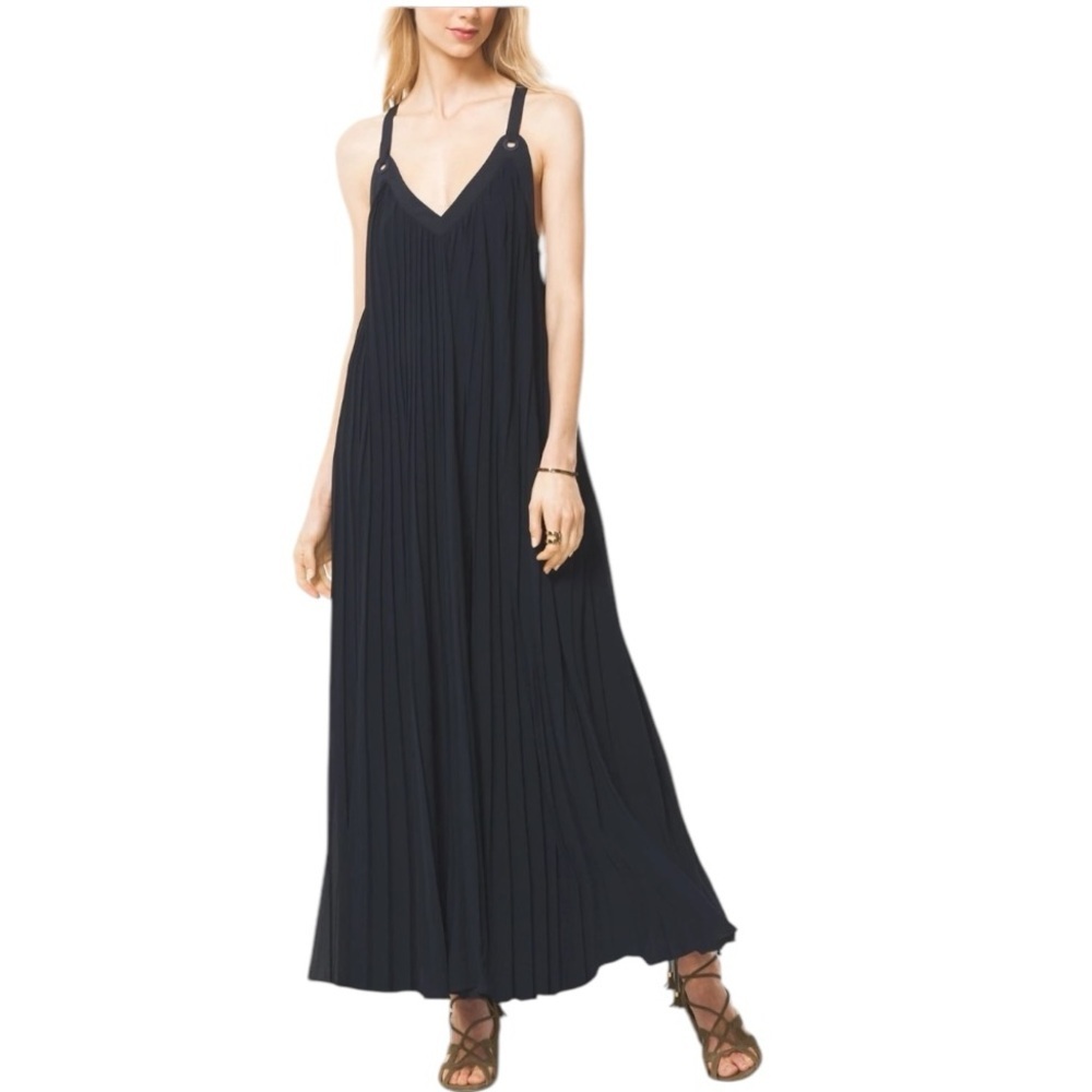 Michael Michael Kors Grommet Pleated Sleeveless‎ Maxi Dress New Navy XXS
